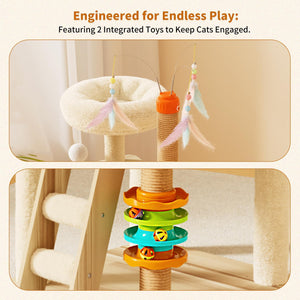 Cat play structure with integrated toys on a beige background at Pet Servo