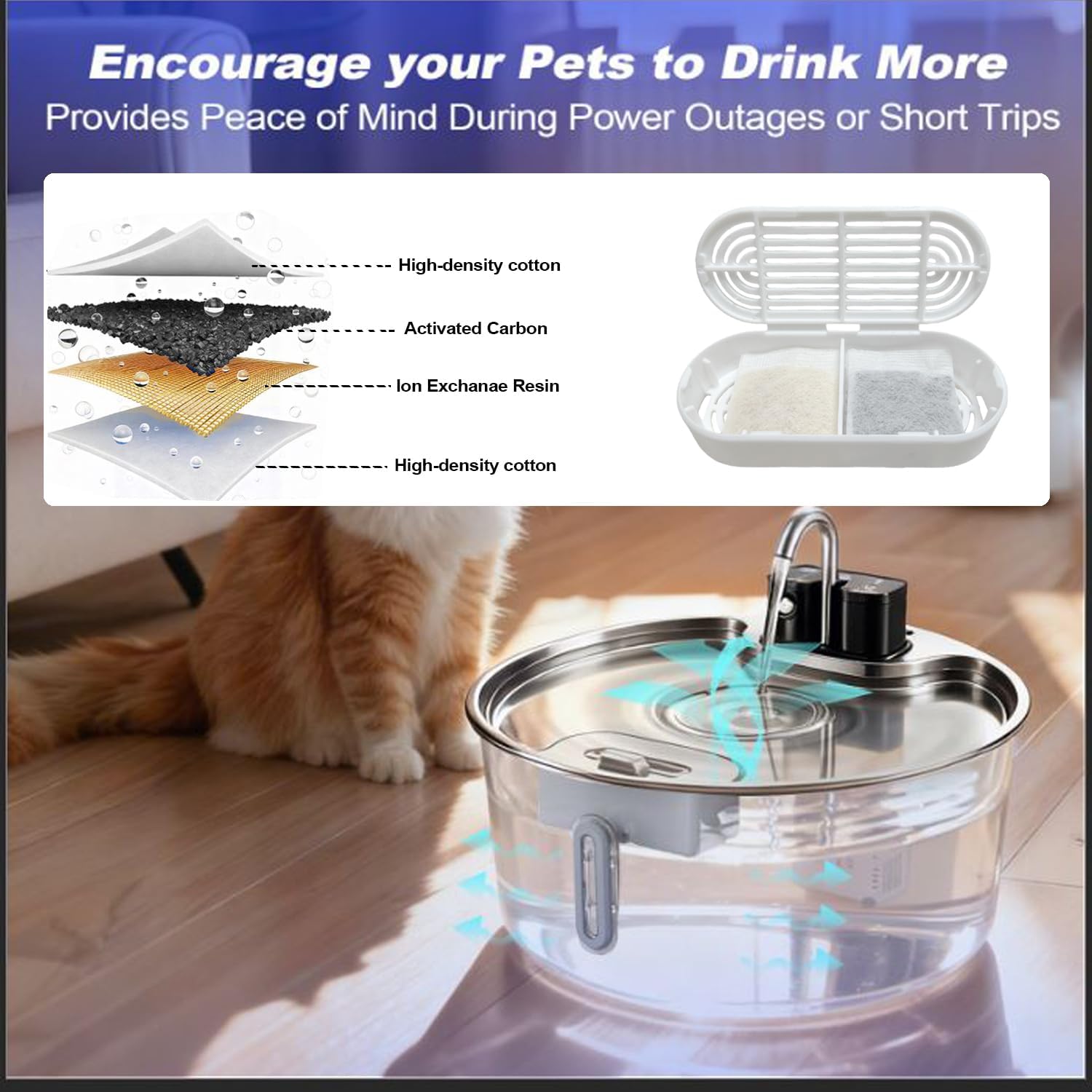 Pet water fountain with filter components and a cat drinking from it, on a wooden floor at Pet Servo