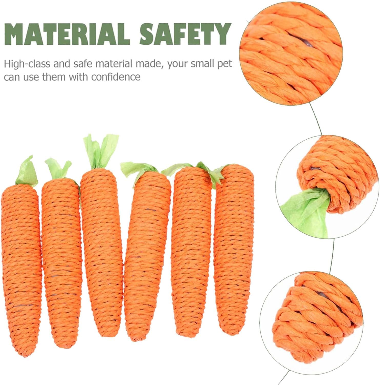 Orange carrot-shaped pet toys with green tops on a white background, featuring close-up details of the material safety at Pet Servo