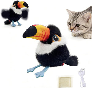 Plush toy resembling a toucan with a cat looking at it on a white background at Pet Servo