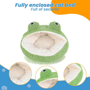 Green frog-shaped cat bed with text about security on a white background at Pet Servo