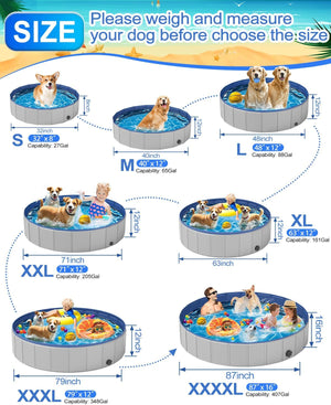 Dog pool size chart with dogs of different sizes in each pool at Pet Servo