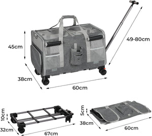 Gray pet carrier and rolling storage bag shown with multiple dimensions and folded configurations on a white background, including measurements for the main bag, frame, and folded pouch at Pet Servo