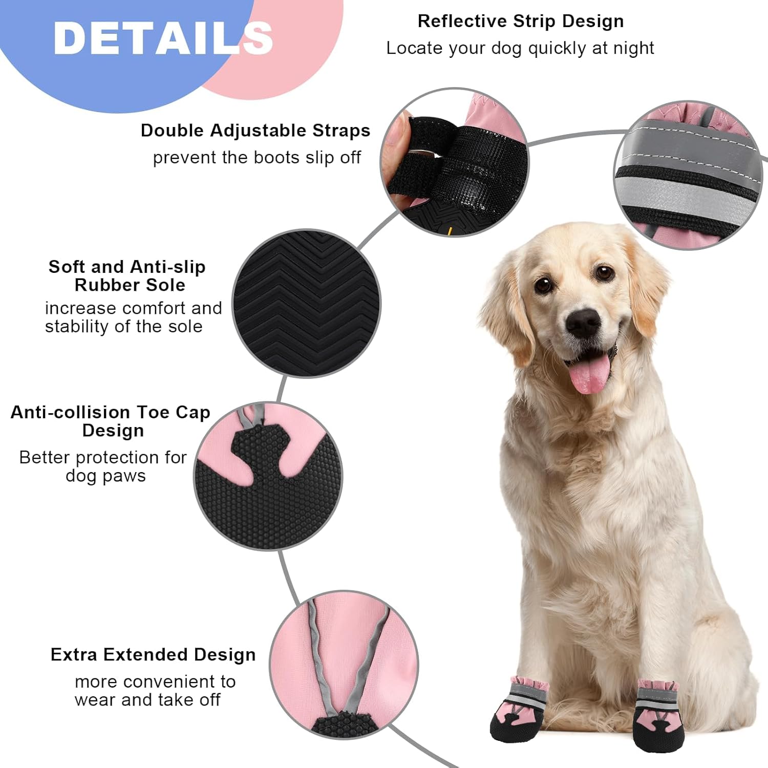 HAPURS - Pink Waterproof Dog Boots – Reflective & Non-Slip - Petservo