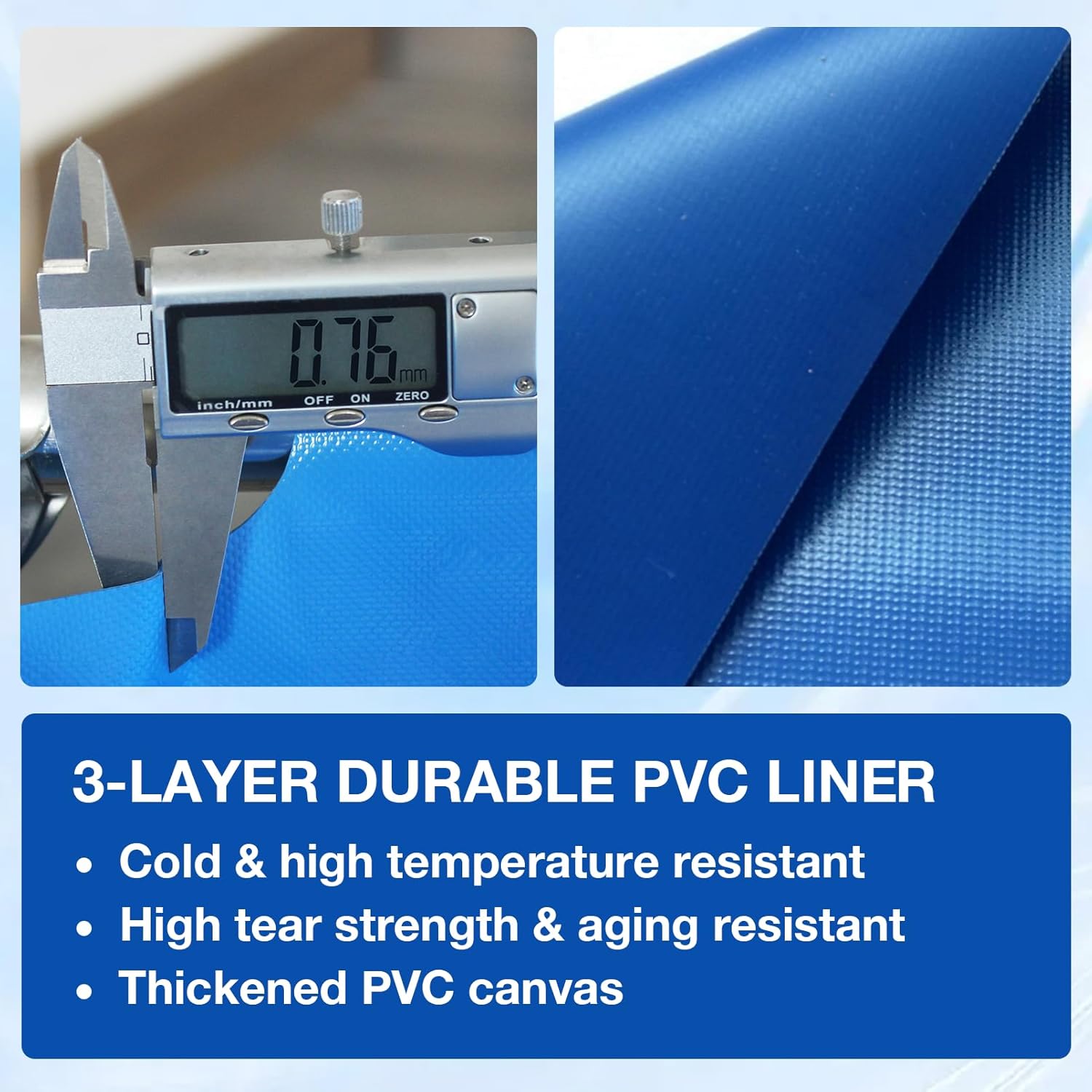 Blue PVC liner with measurement tool and text highlighting properties at Pet Servo