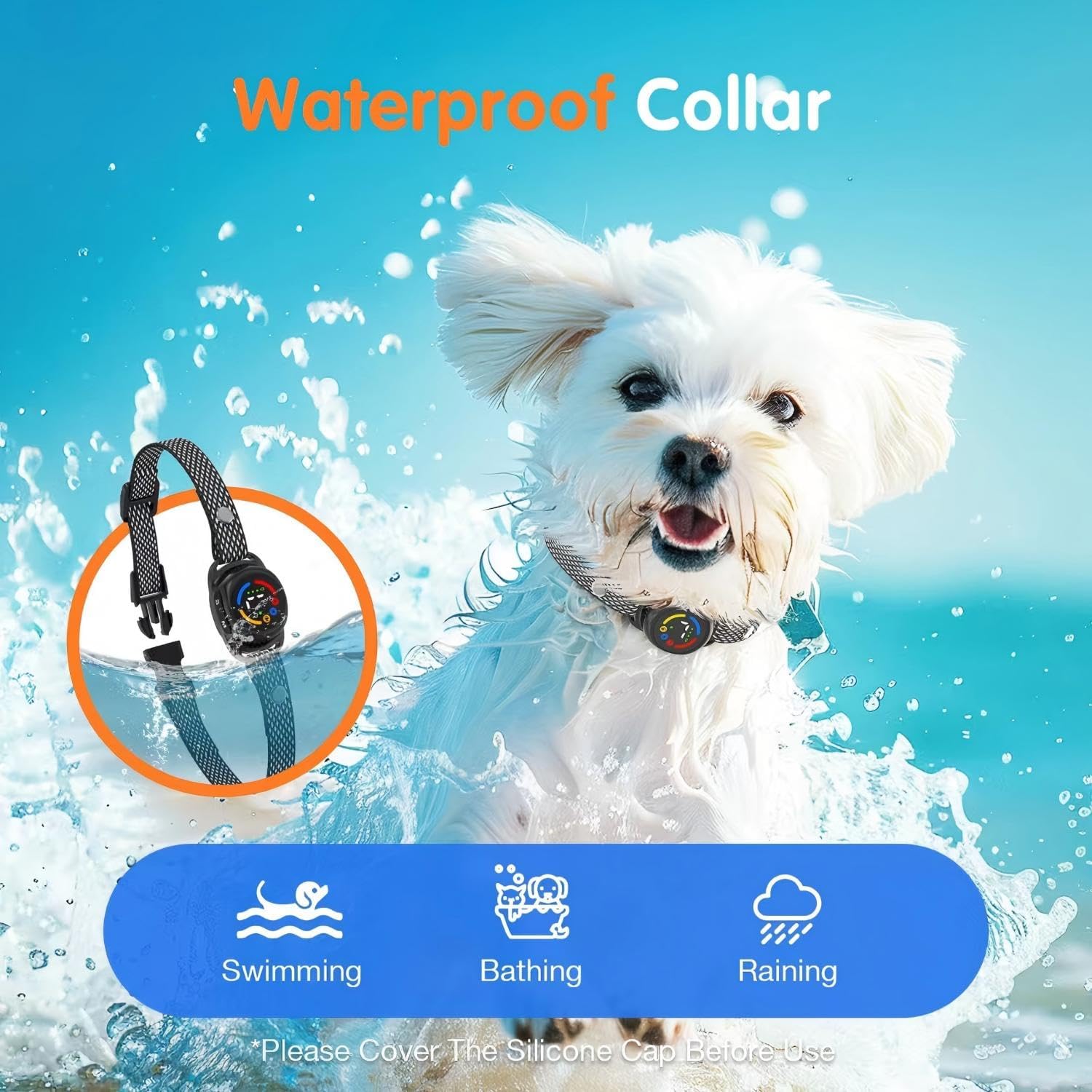 Dog wearing a waterproof collar with water splashes and text indicating its use for swimming, bathing, and raining at Pet Servo