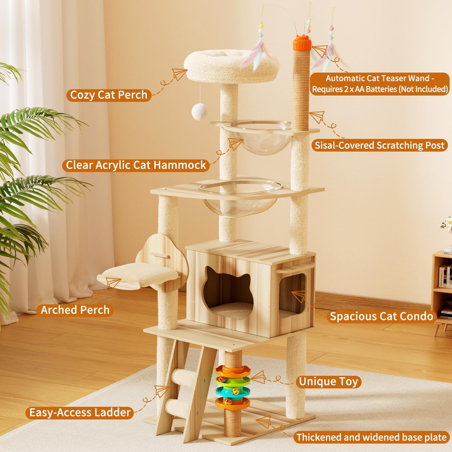 Cat tree with various features labeled in a room setting at Pet Servo