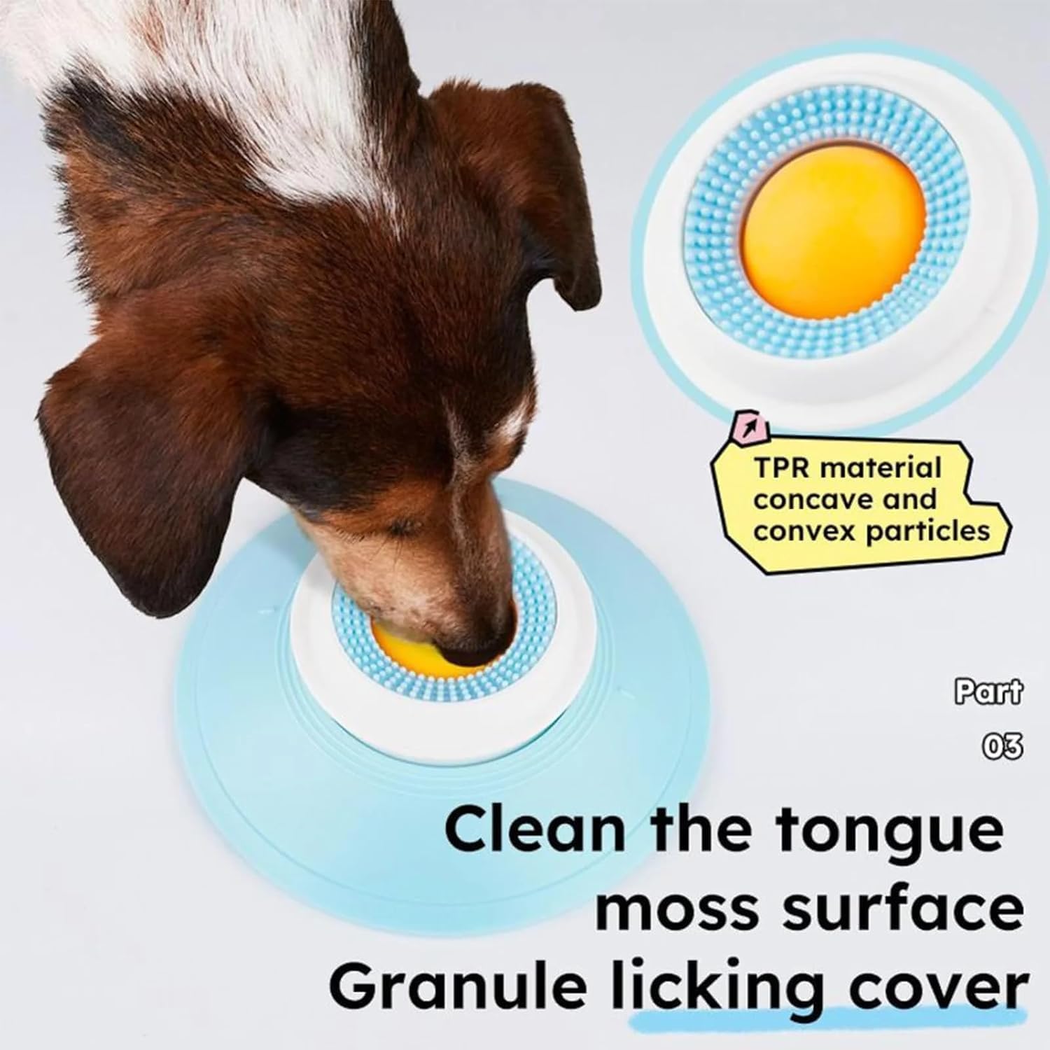 Dog licking a blue and white granule licking cover with TPR material details at Pet Servo