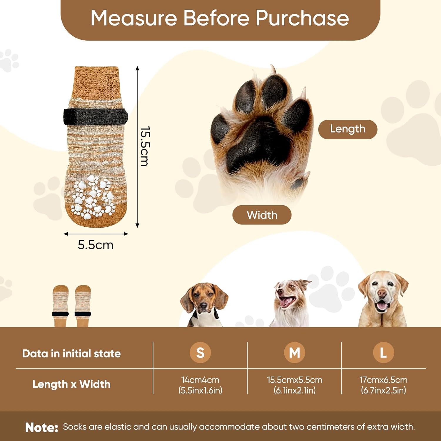 Measurement guide for dog socks with size chart and illustrations of dogs wearing socks at Pet Servo