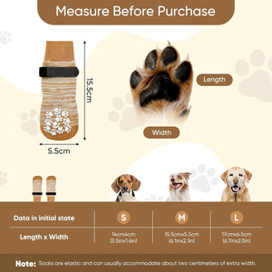Measurement guide for dog socks with size chart and illustrations of dogs wearing socks at Pet Servo