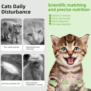 Advertisement for cat food showing a smiling kitten and images of cats with health issues, with text about scientific matching and precise nutrition at Pet Servo