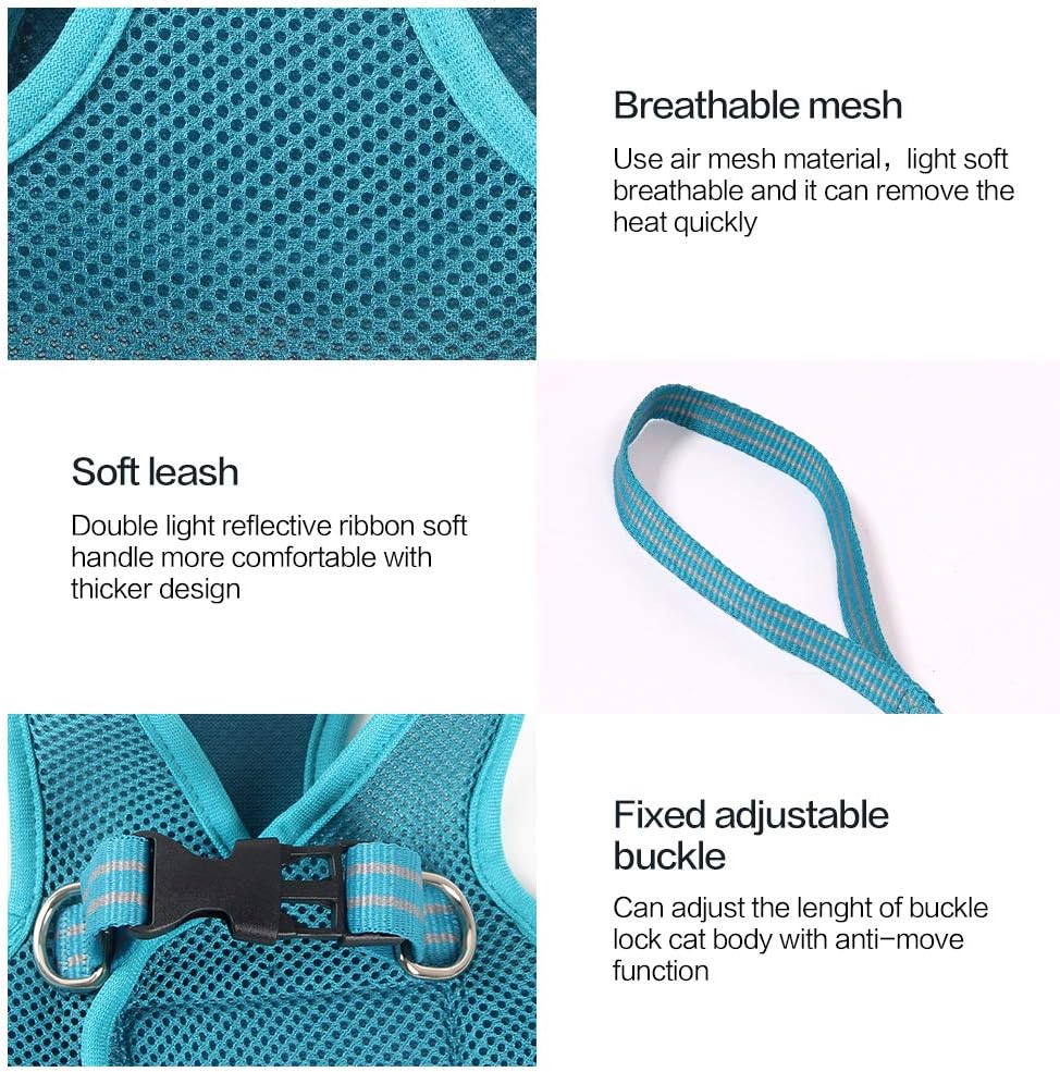 Teal pet harness with breathable mesh, soft leash, and adjustable buckle on a white background at Pet Servo