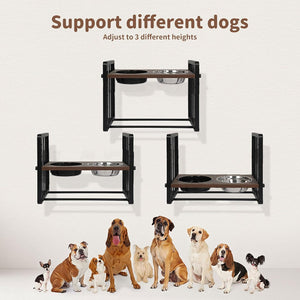 Three adjustable pet elevated feeding stands with black metal frames and dark wood-look shelves, each holding two stainless steel bowls, shown against a light beige wall with the text 'Support different heights' above. A row of dogs is pictured along the bottom to demonstrate use at Pet Servo