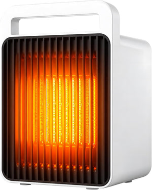 A compact white portable electric heater with a handle on top, featuring glowing orange heating tubes visible through a black front grille.