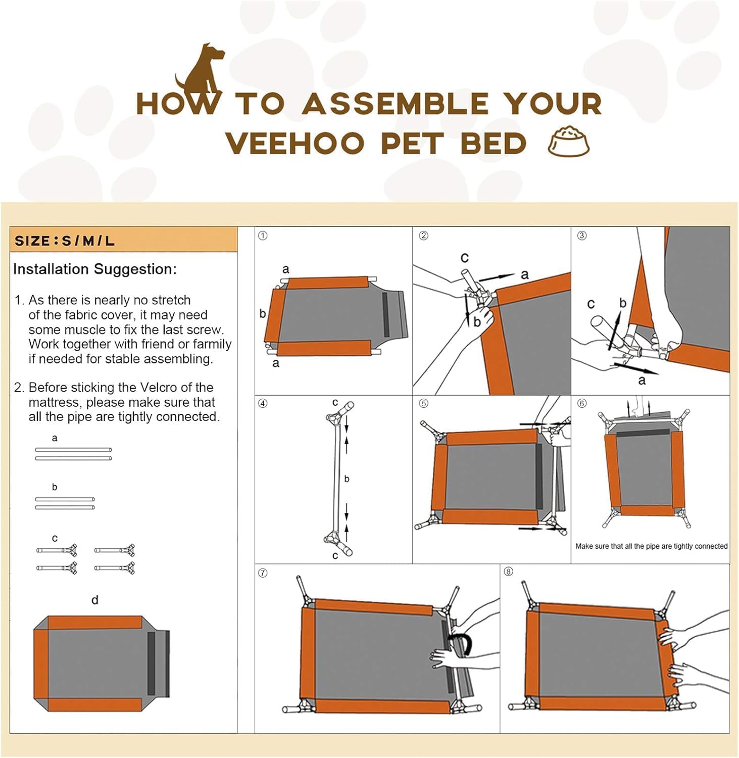 Instructions on how to assemble a Veehoo pet bed with step-by-step diagrams.