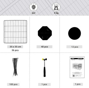 Product packaging with grid, hexagonal pieces, circular pieces, cables, hammer, and a manual on a gray background at Pet Servo