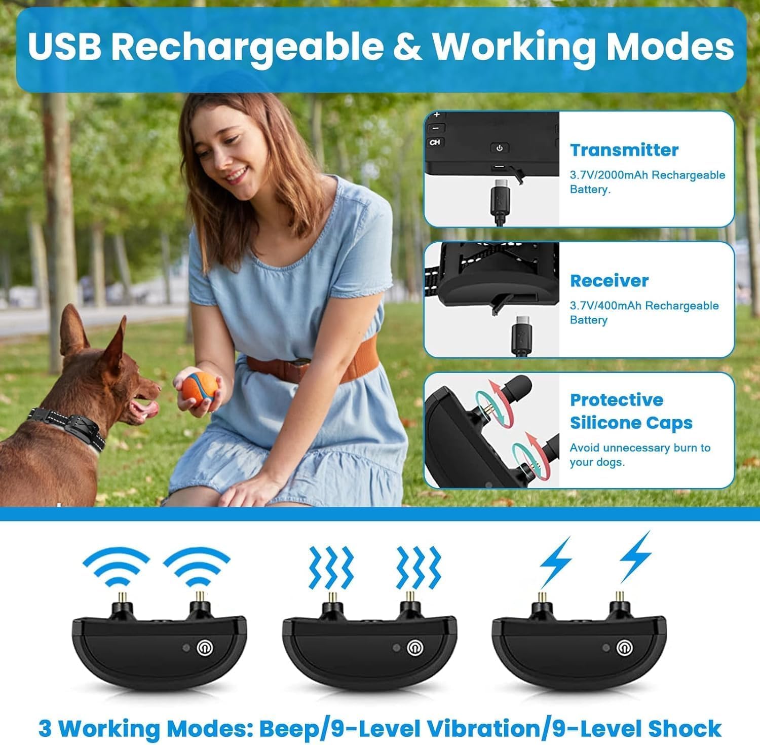 Woman with a dog outdoors, with product features highlighted on a blue banner at Pet Servo