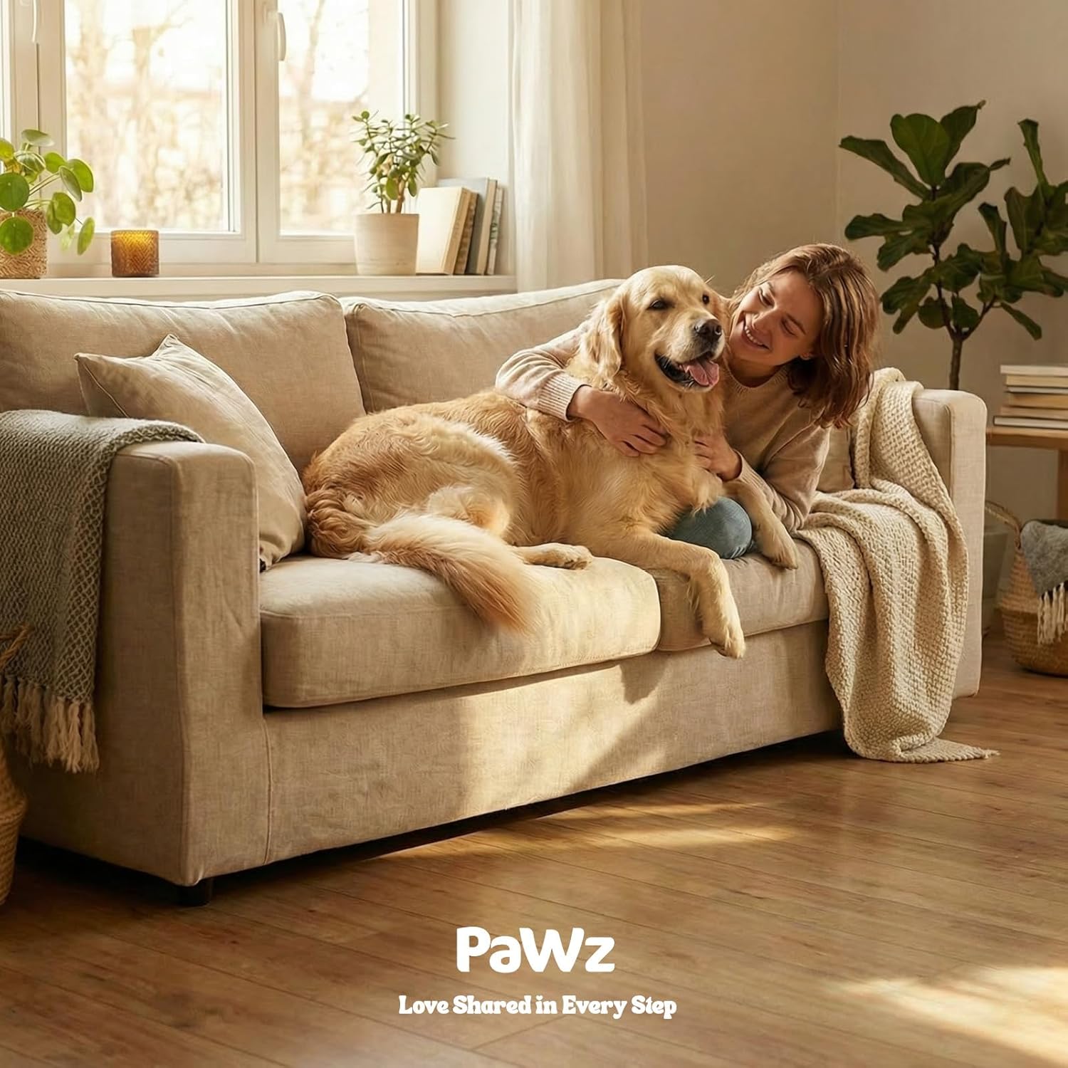 Woman and dog on a couch with 'PaWz' branding in a cozy living room at Pet Servo