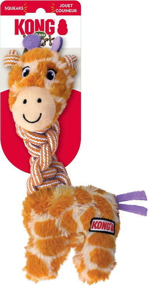Giraffe-shaped KONG toy with a red packaging background at Pet Servo