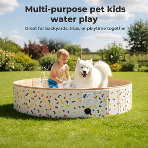 Child and dog playing in a colorful inflatable pool outdoors