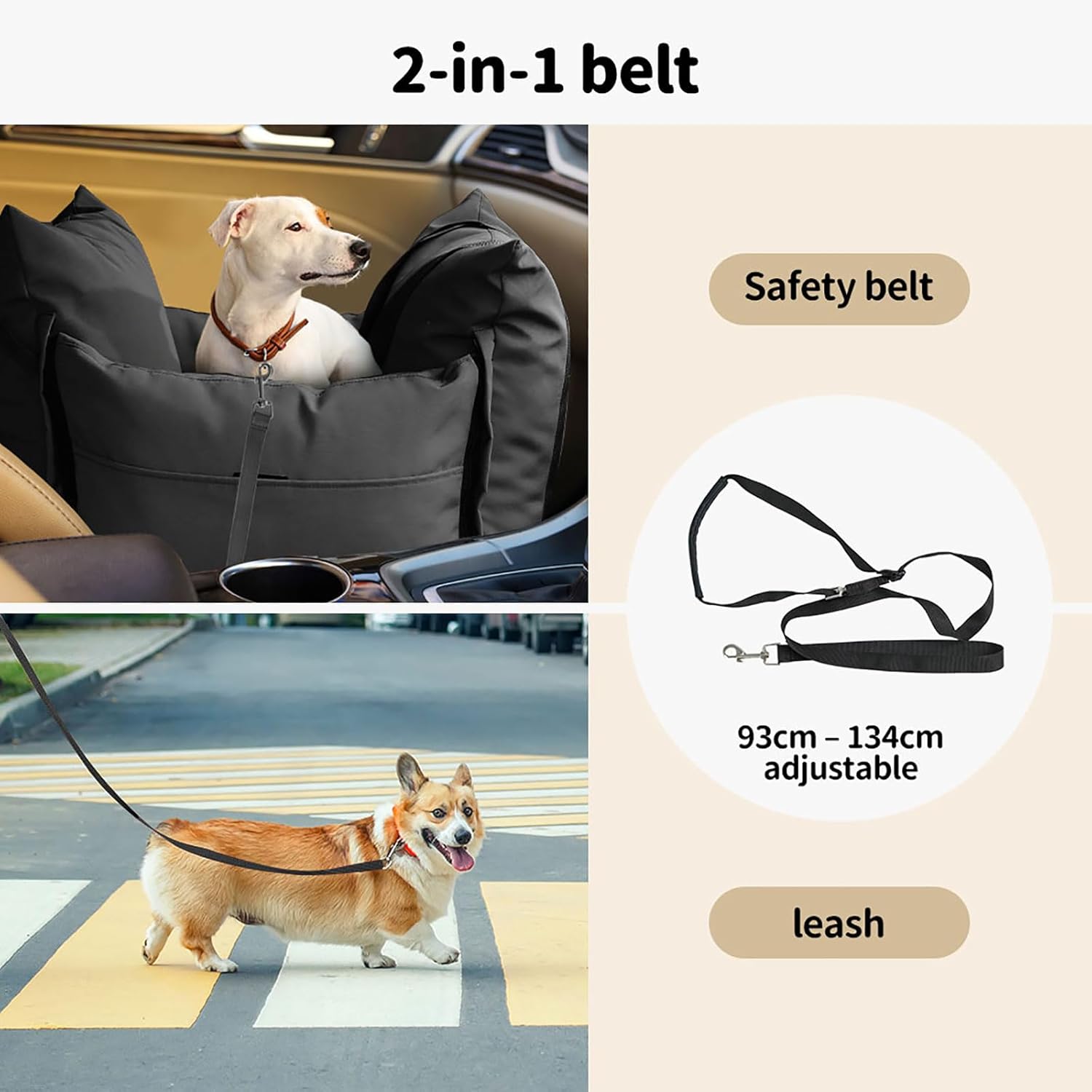 A 2-in-1 pet car seat and leash set shown in a collage: a dog sits in the black car seat inside a car, a corgi walks across a crosswalk attached to the leash, and the right side shows the included leash and text labels for 'Safety belt' and 'leash' at Pet Servo