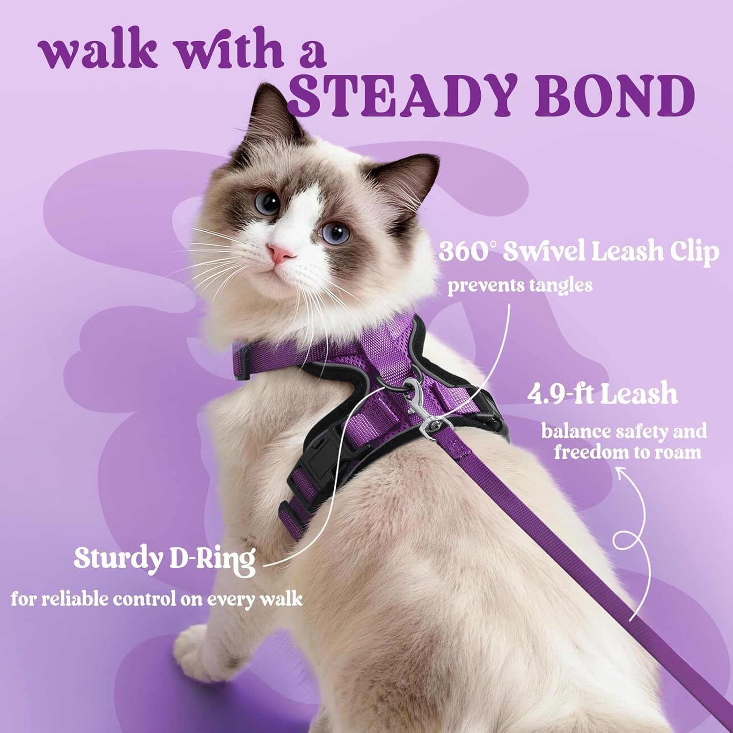 Cat wearing a purple harness and leash with text about product features on a purple background at Pet Servo