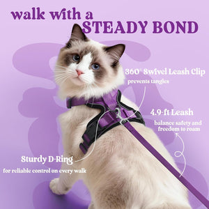 Cat wearing a purple harness and leash with text about product features on a purple background at Pet Servo