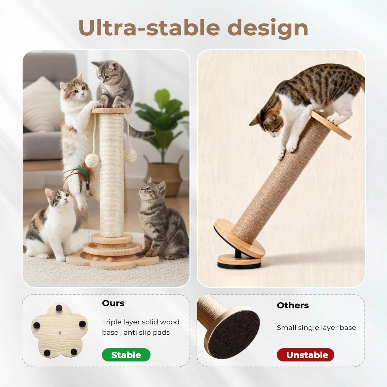 Cat scratching post with multiple cats using it, highlighting stability comparison at Pet Servo