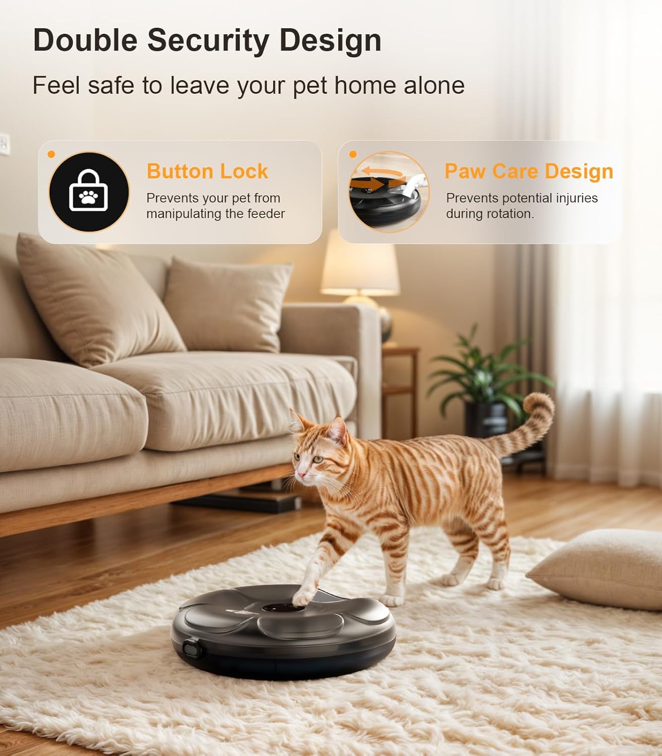 Cat interacting with a pet feeder in a living room setting, highlighting safety features at Pet Servo