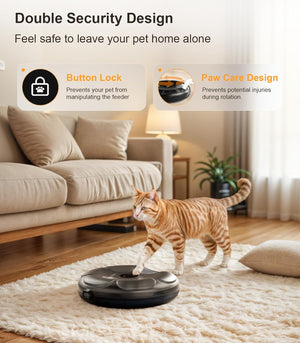 Cat interacting with a pet feeder in a living room setting, highlighting safety features at Pet Servo