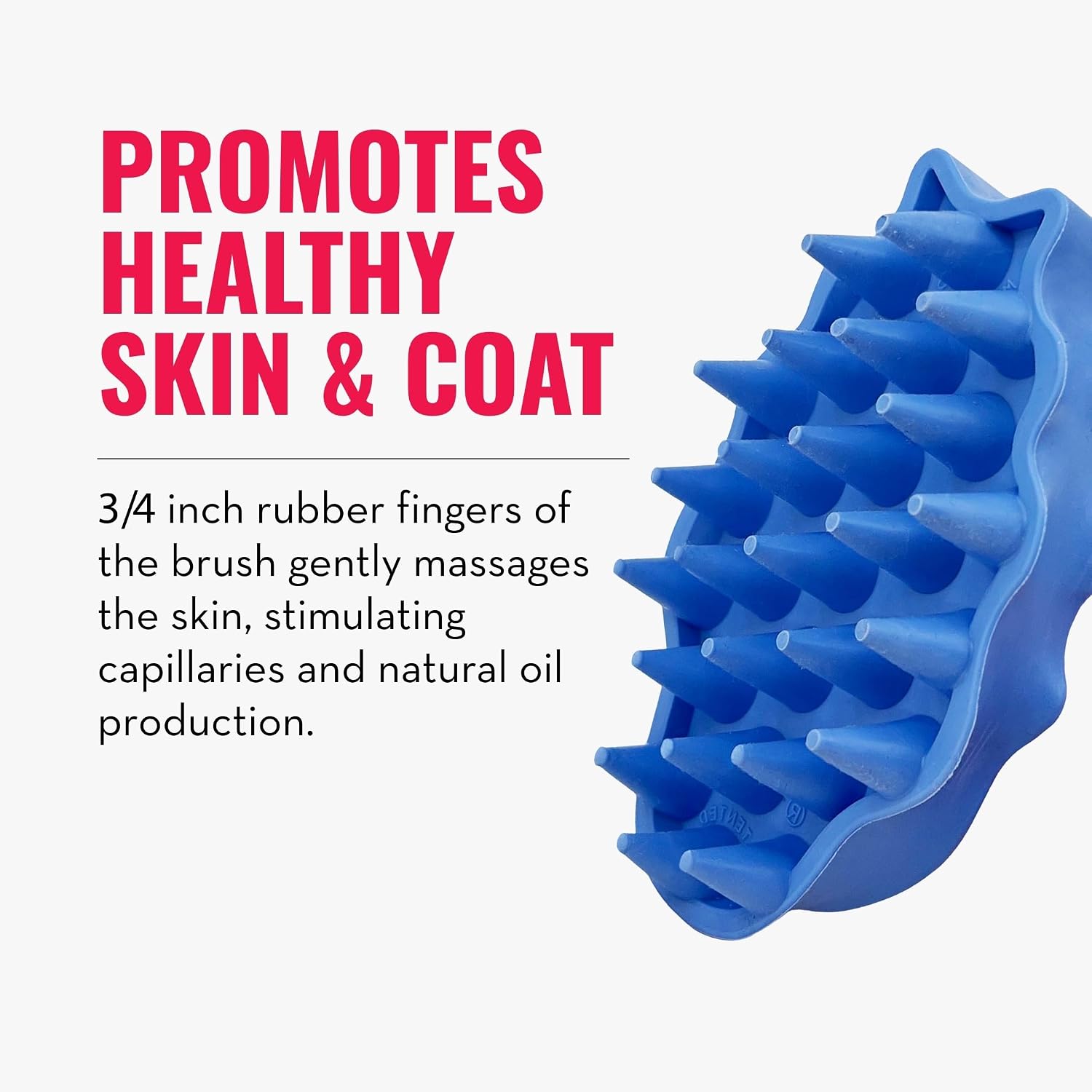 A blue silicone scalp massage brush shown on a light gray background with promotional text reading 'PROMOTES HEALTHY SKIN & COAT' and a description of the rubber fingers massaging the skin at Pet Servo