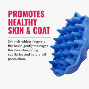 A blue silicone scalp massage brush shown on a light gray background with promotional text reading 'PROMOTES HEALTHY SKIN & COAT' and a description of the rubber fingers massaging the skin at Pet Servo
