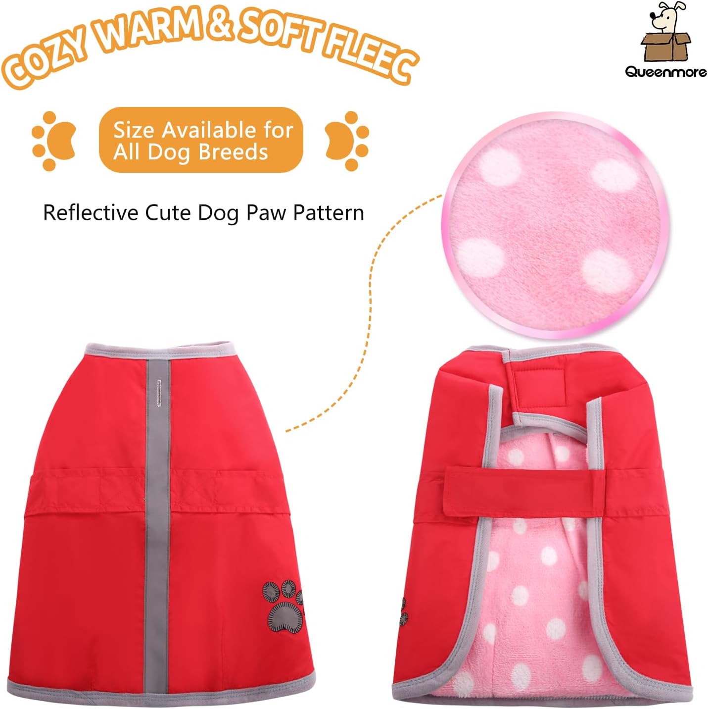 Red dog coat with pink fleece lining and reflective paw pattern on a white background at Pet Servo