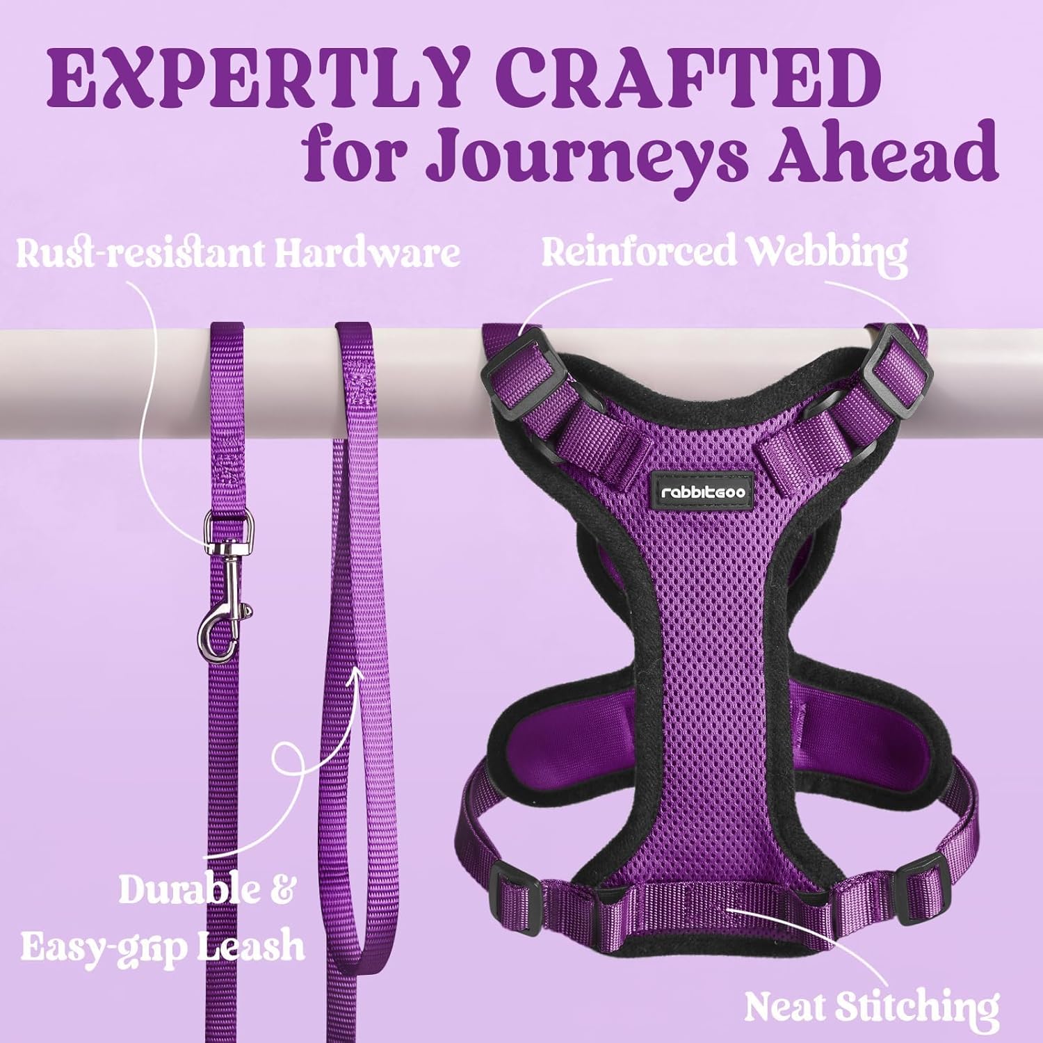 Purple dog harness and leash set with text highlighting features on a purple background at Pet Servo