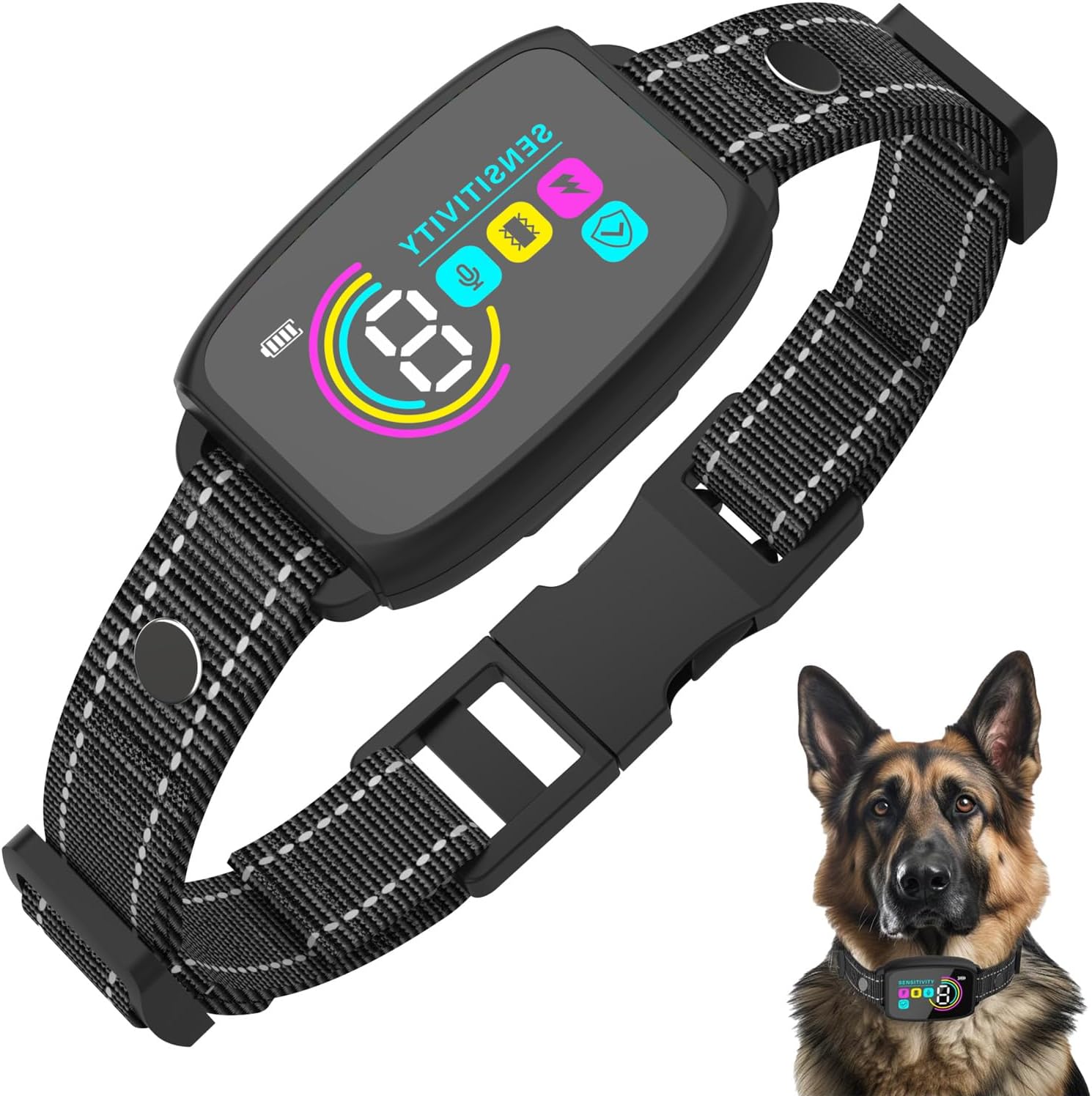Black dog collar with digital display and a German Shepherd wearing it at Pet Servo