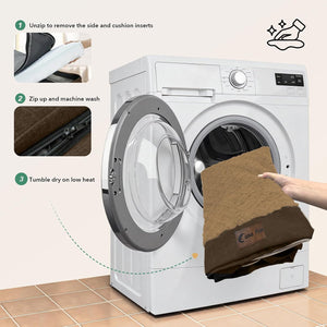 A white front-loading washing machine on a tiled floor with a hand holding a brown quilted blanket or cushion outside the drum. The image includes three numbered callouts with close-up insets showing how to unzip, zip, and wash the cushion, plus a drying instruction icon at Pet Servo