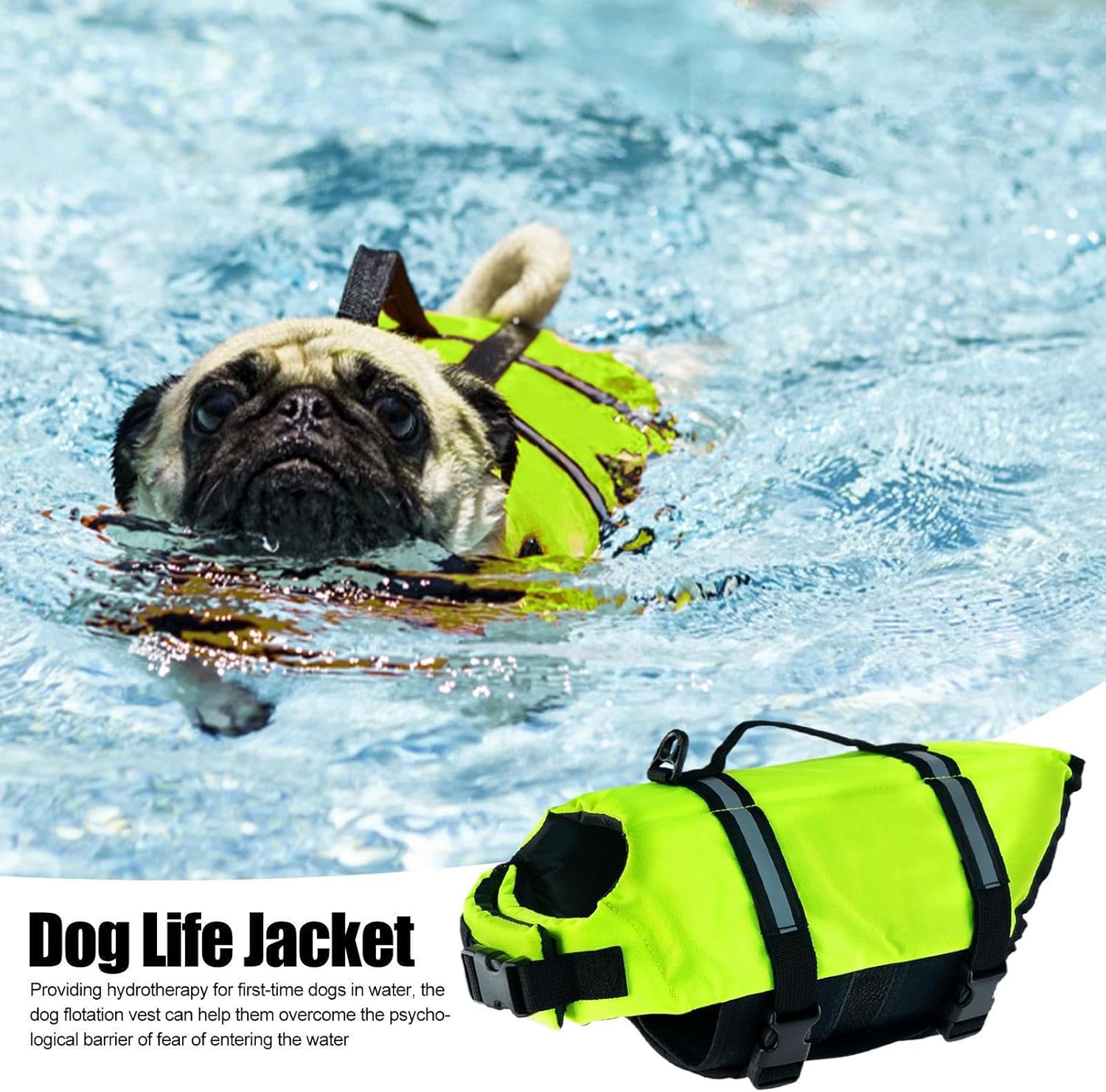 Dog wearing a bright green life jacket while swimming, with an inset of the life jacket at Pet Servo