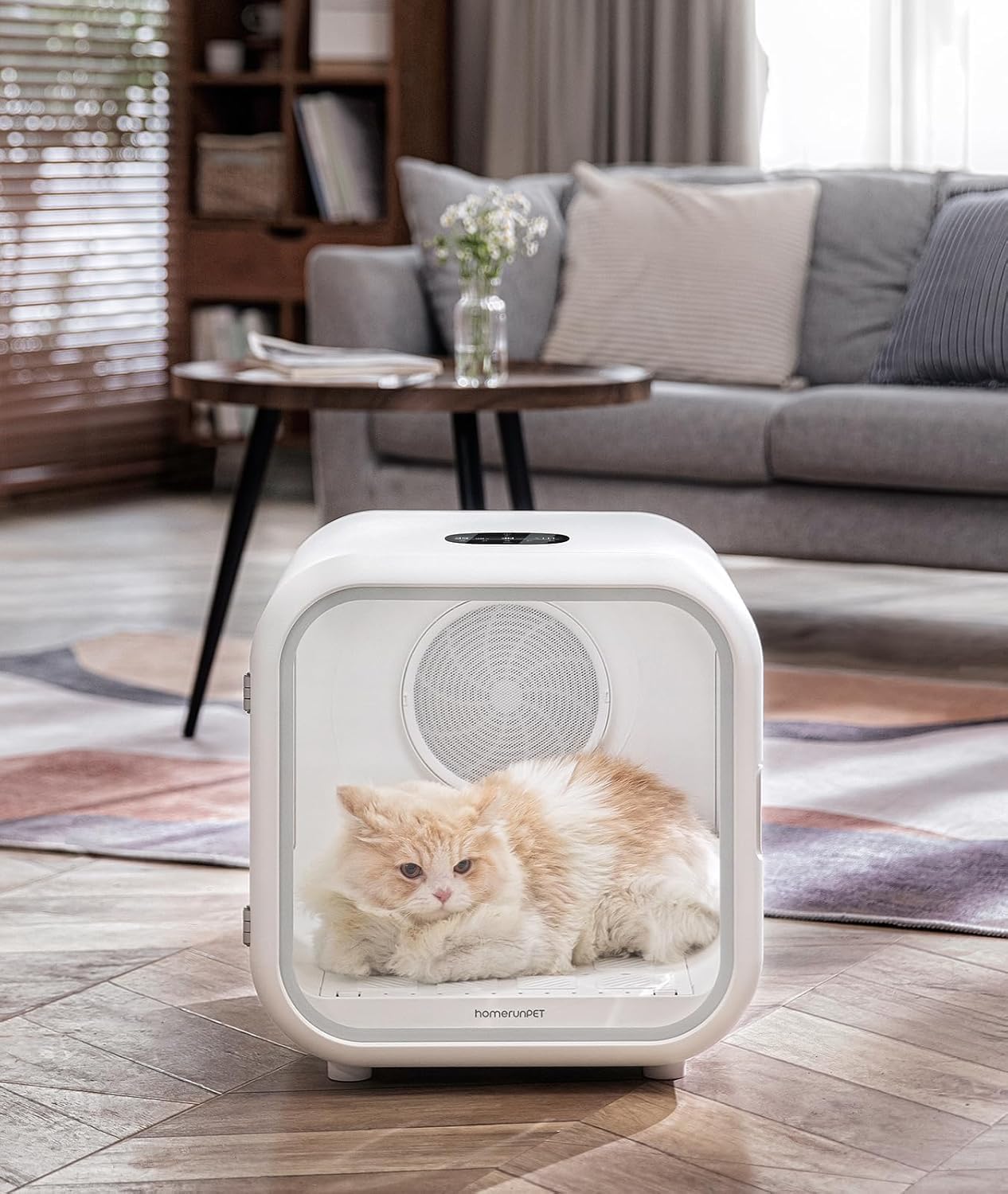 Pet bed with a cat design in a living room setting