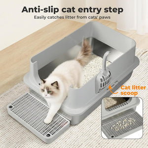 Pawz - XL Stainless Steel Cat Litter Box with Lid, Anti-Leakage Hooded Metal Litter Pan (Grey) at Pet Servo