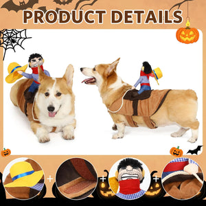 Two dogs wearing Halloween-themed costumes with a cowboy and ghost figure on their backs, set against a festive background with pumpkins and spider webs at Pet Servo