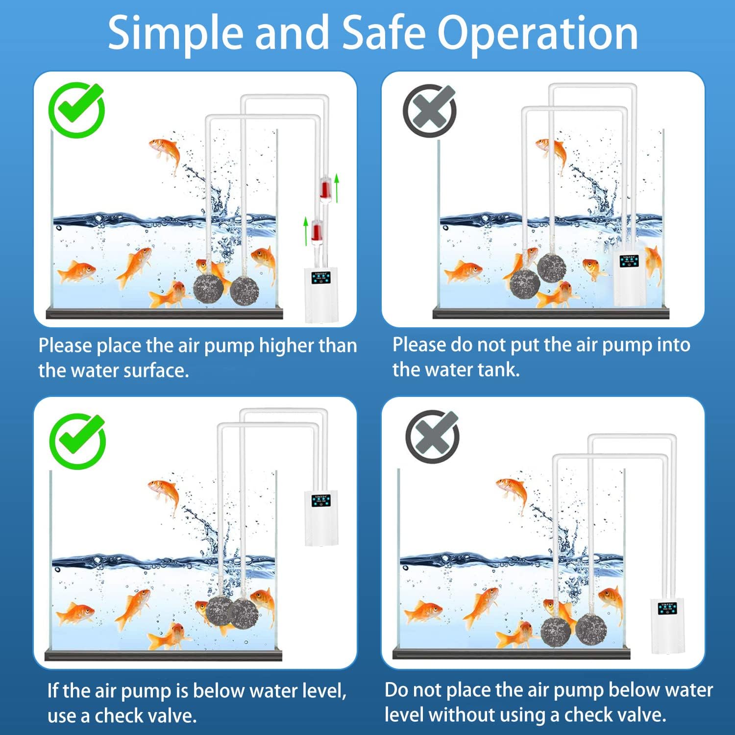 Illustrations showing correct and incorrect ways to place an air pump in a fish tank with text explaining the rules at Pet Servo