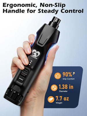 Hand holding a grooming tool with ergonomic design, labeled 'Casely', on a light blue background at Pet Servo