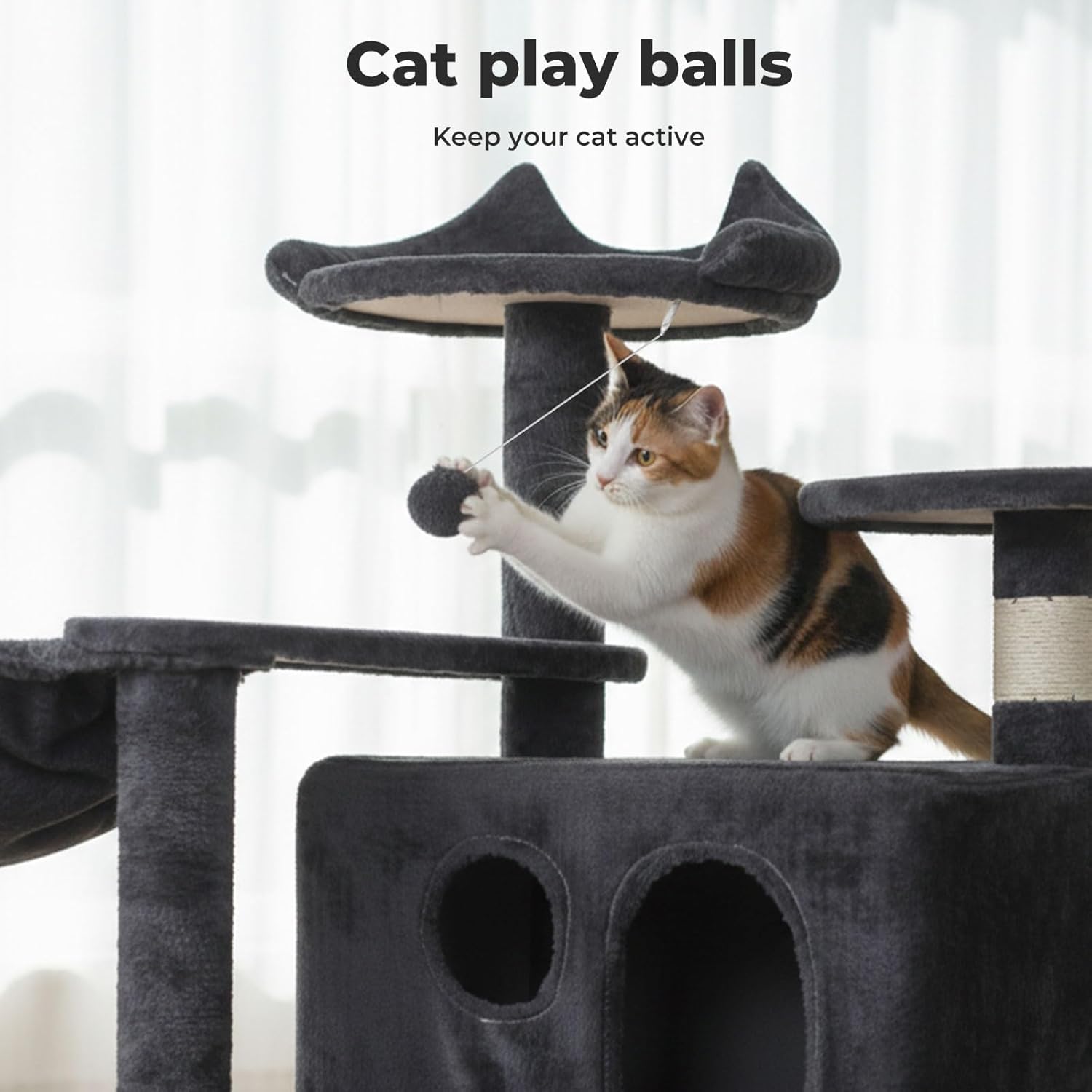 A calico cat actively playing with a dark gray cat toy on a multi-level cat tree, with the text 'Cat play balls Keep your cat active' at the top of the image at Pet Servo