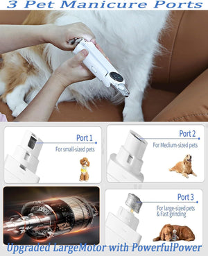 Pet grooming tool with different ports for small, medium, and large pets on a brown leather surface at Pet Servo