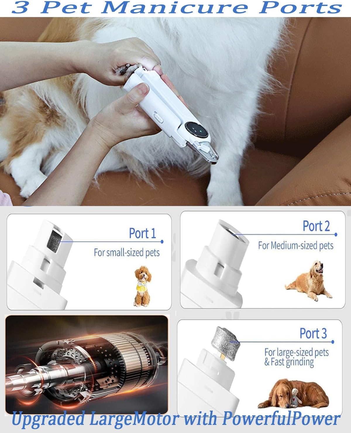 Pet grooming tool with different ports for small, medium, and large pets on a brown leather surface at Pet Servo