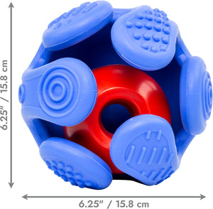 Blue and red puzzle ball toy with measurements on a white background at Pet Servo