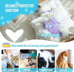 Cat wearing a purple recovery suit with text about its functions and uses at Pet Servo
