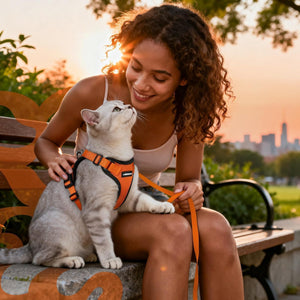 Woman sitting on a bench with a cat wearing an orange harness, city skyline in the background at Pet Servo