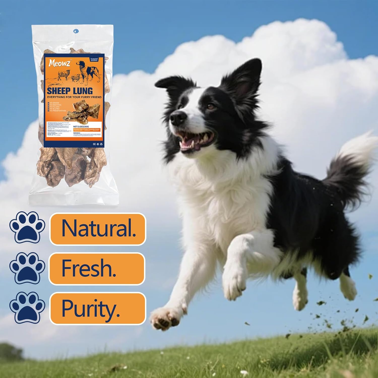Dog running on grass with a package of Meowz sheep lung treats and brand attributes displayed at Pet Servo