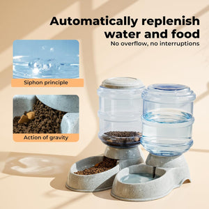 Pet water and food dispenser with siphon principle and gravity action explanations on a beige background at Pet Servo